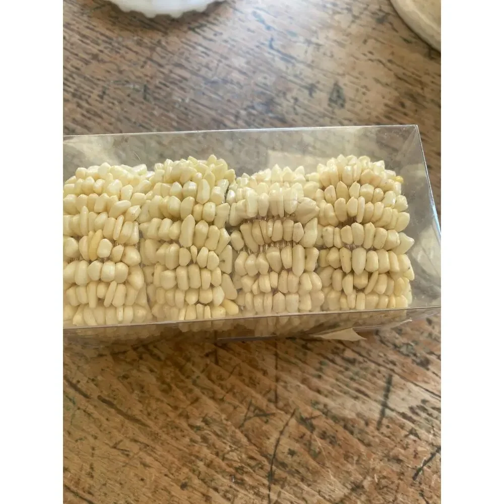 White Shell Beaded 4 Pack Napkin Rings NEW Made In India 1.5
